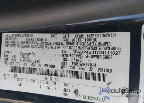 2012 Ford Fiesta Se z USA, uszkodzony, nr VIN 3FADP4BJ1CM111027